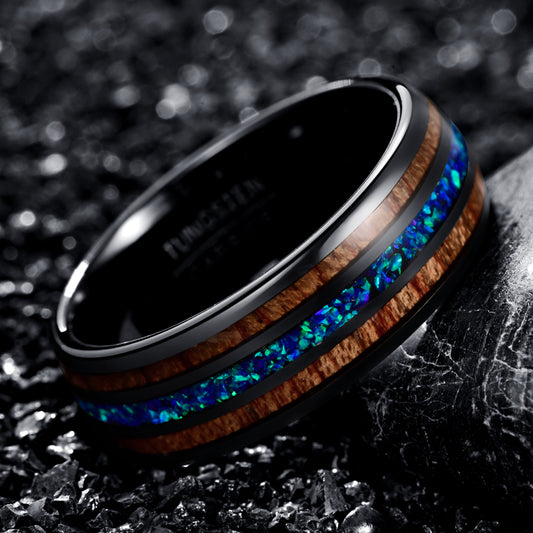 Men’s 8mm Black Tungsten Ring | Acacia Wood & Blue Opal Inlay