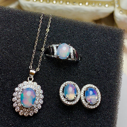 925 Sterling Silver Inlaid Opal Jewelry Set | Simple & Elegant Colored Gem Design