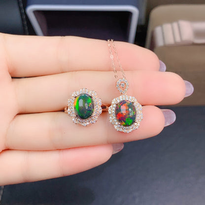 Natural Colorful Black Opal Jewelry Set | Ring & Crystal Pendant