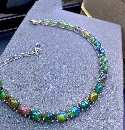 Women’s Natural Black Opal Bracelet – Multicolor Fire Opal in 925 Sterling Silver