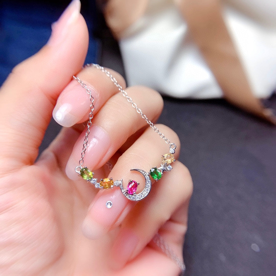 Rainbow Tourmaline Crescent Moon Necklace in 925 Sterling Silver