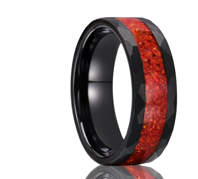 Men’s Black Tungsten Carbide Ring | Red Opal Inlay Statement Band
