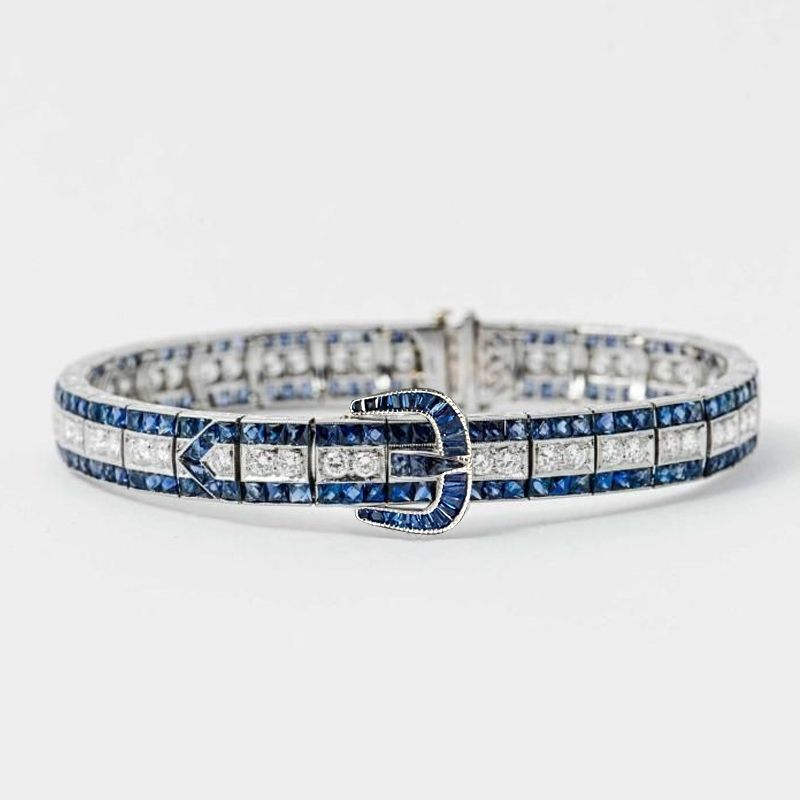 925 Sterling Silver Sapphire & Diamond-Style Statement Bracelet