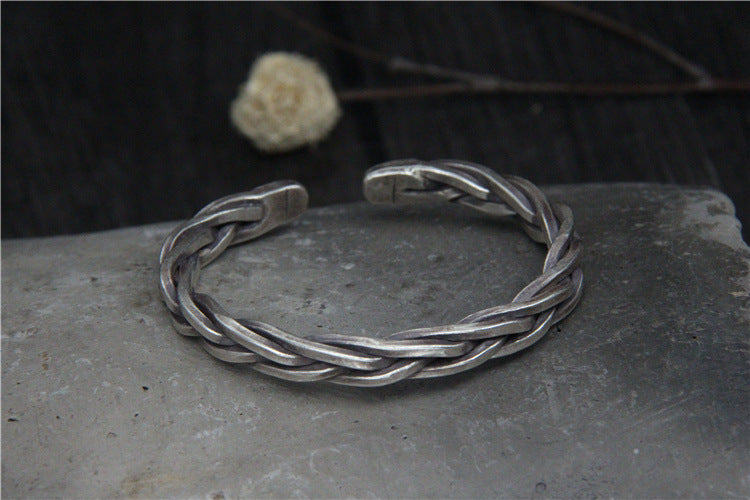 Men’s Solid 925 Sterling Silver Twisted Rope Cuff Bracelet – Handmade Vintage Woven Bangle, Heavy 45g