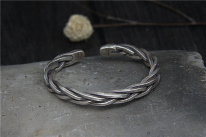 Men’s Solid 925 Sterling Silver Twisted Rope Cuff Bracelet – Handmade Vintage Woven Bangle, Heavy 45g