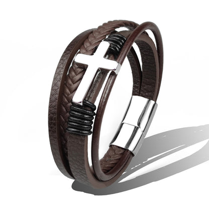 Men’s Stainless Steel Cross Leather Bracelet | Brown & Black Hip-Hop Jewelry