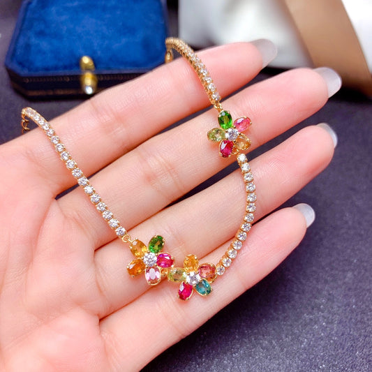 Rainbow Tourmaline Flower Bracelet | S925 Sterling Silver