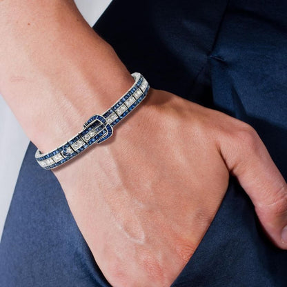 925 Sterling Silver Sapphire & Diamond-Style Statement Bracelet