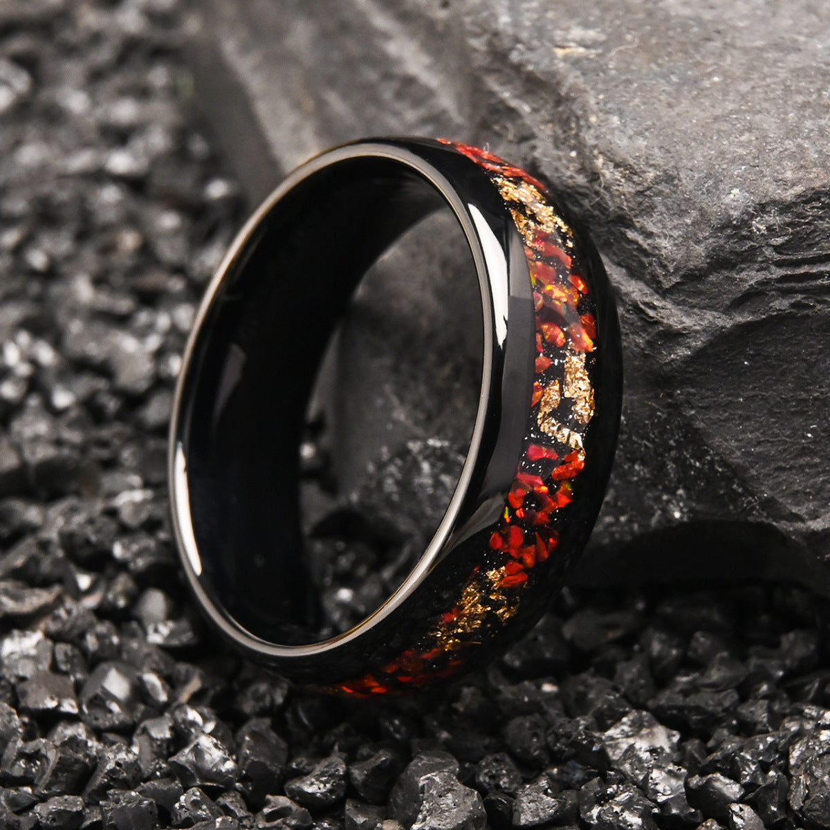 Men’s Black Tungsten Ring with Red Opal & Gold Leaf Inlay