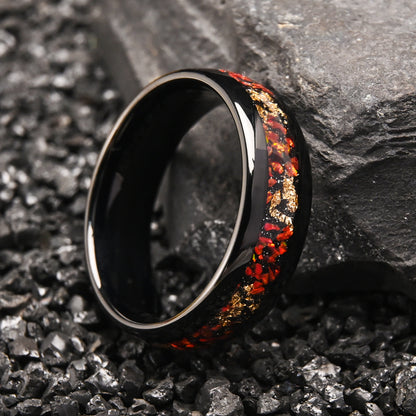 Men’s Black Tungsten Ring with Red Opal & Gold Leaf Inlay