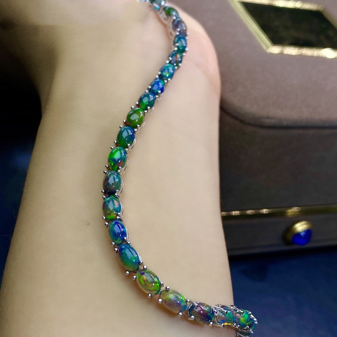 Women’s Natural Black Opal Bracelet – Multicolor Fire Opal in 925 Sterling Silver