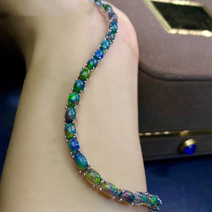 Women’s Natural Black Opal Bracelet – Multicolor Fire Opal in 925 Sterling Silver