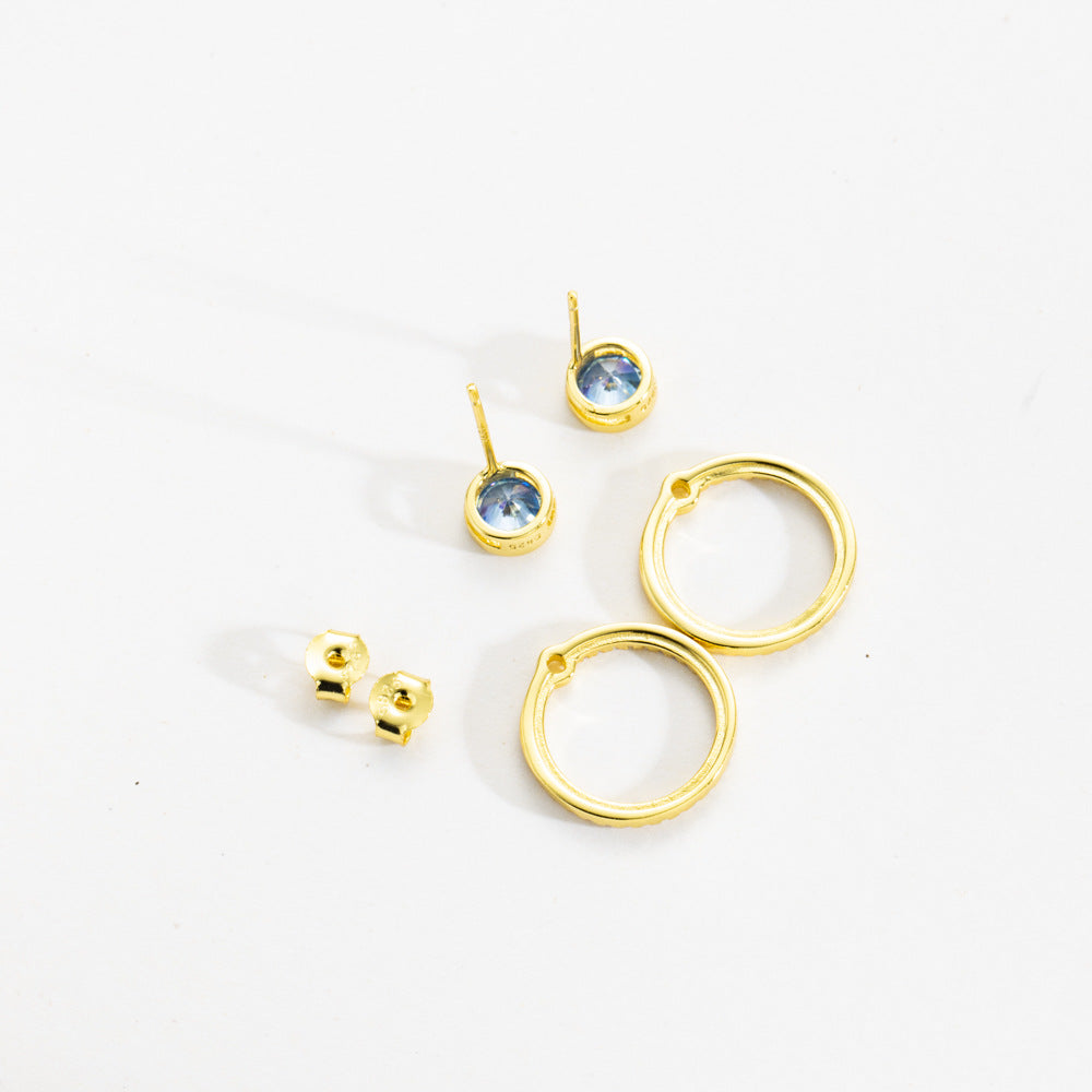 S925 Sterling Silver Circle Diamond Pendant Necklace & Blue Eye Stud Earrings Set