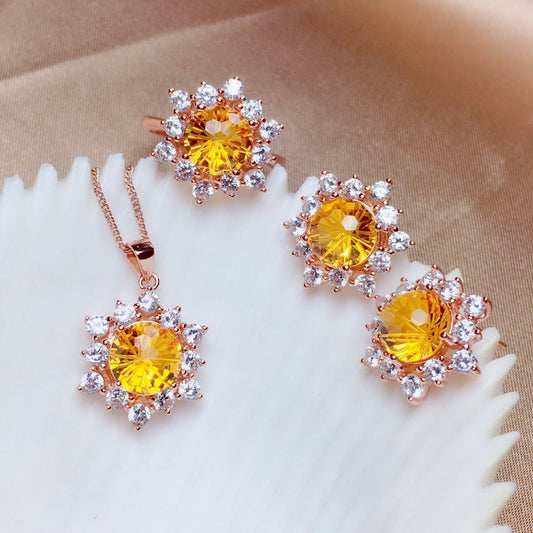 Fire Color Citrine Jewelry Set | Silver-Plated Inlaid Statement Collection