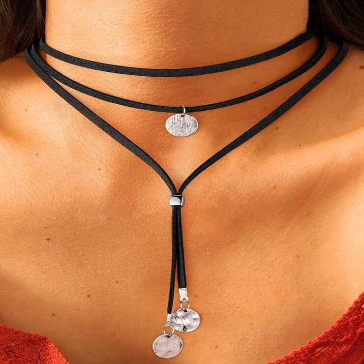 Layered Velvet Cord Lariat Necklace | Crystal Drop Pendant