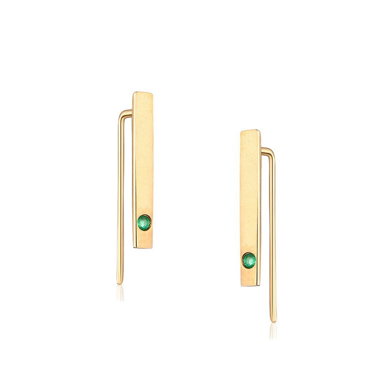 Natural Emerald 14K Gold Minimalist Bar Earrings | Thin Modern Fine Jewelry