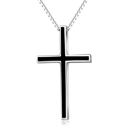 Men’s Black Cross Necklace | Solid 925 Sterling Silver Faith Pendant
