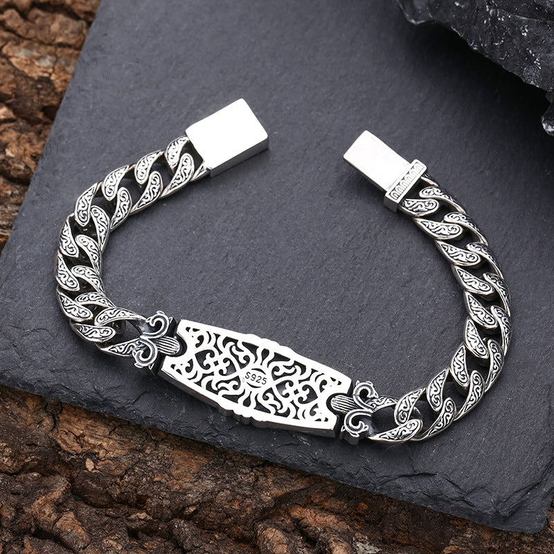 Men’s Sterling Silver Pattern Bracelet | Tang Grass Design, Thick Band