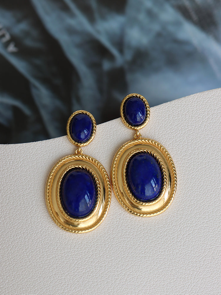 Retro Hong Kong–Style Lapis Lazuli Earrings | High-End Niche Design | Natural Stone Statement Jewelry