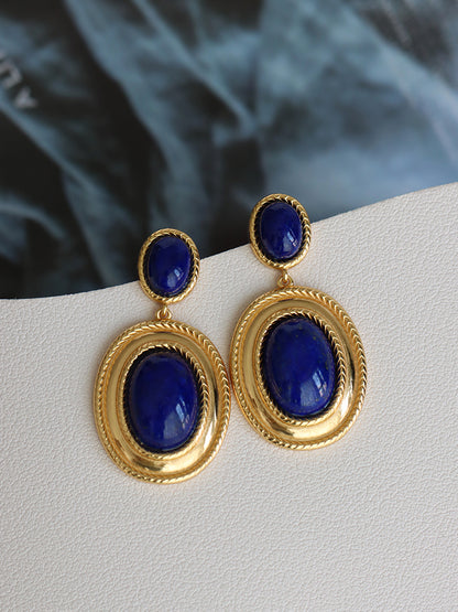 Retro Hong Kong–Style Lapis Lazuli Earrings | High-End Niche Design | Natural Stone Statement Jewelry