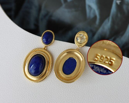 Retro Hong Kong–Style Lapis Lazuli Earrings | High-End Niche Design | Natural Stone Statement Jewelry