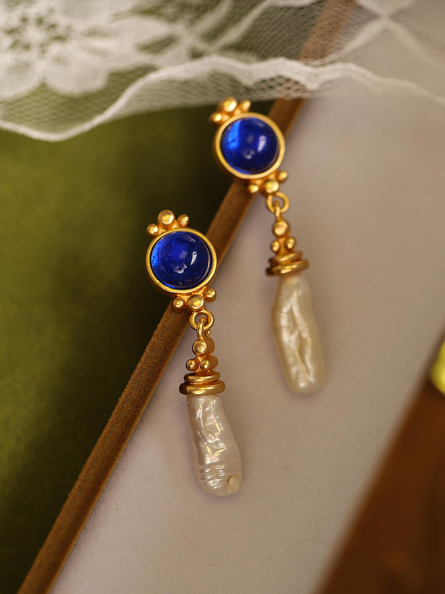 French Retro Maillard Blue  vintage earrings  Baroque pearl jewelry  European elegance  retro jewelry for women  luxury statement earrings