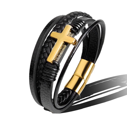 Men’s Stainless Steel Cross Leather Bracelet | Brown & Black Hip-Hop Jewelry
