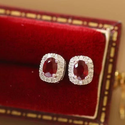 Real Gold Natural Ruby Diamond Stud Earrings | Pigeon Blood Red Halo Design
