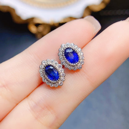 Natural Sapphire Stud Earrings | S925 Sterling Silver Inlaid Main Stone