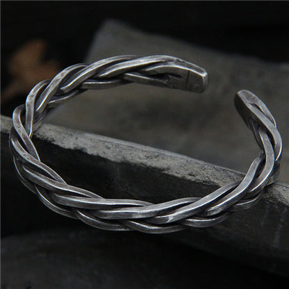 Men’s Solid 925 Sterling Silver Twisted Rope Cuff Bracelet – Handmade Vintage Woven Bangle, Heavy 45g