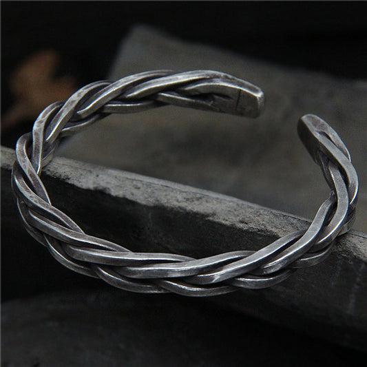 Men’s Solid 925 Sterling Silver Twisted Rope Cuff Bracelet – Handmade Vintage Woven Bangle, Heavy 45g