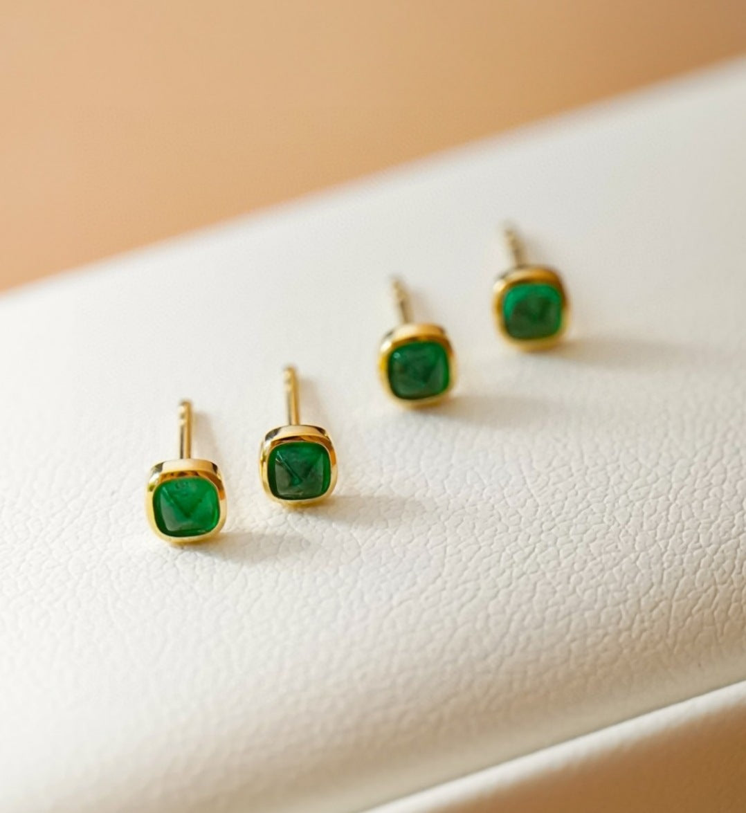 18K Gold Emerald Stud Earrings | Sugar Tower Cut Gemstone Earrings for Women