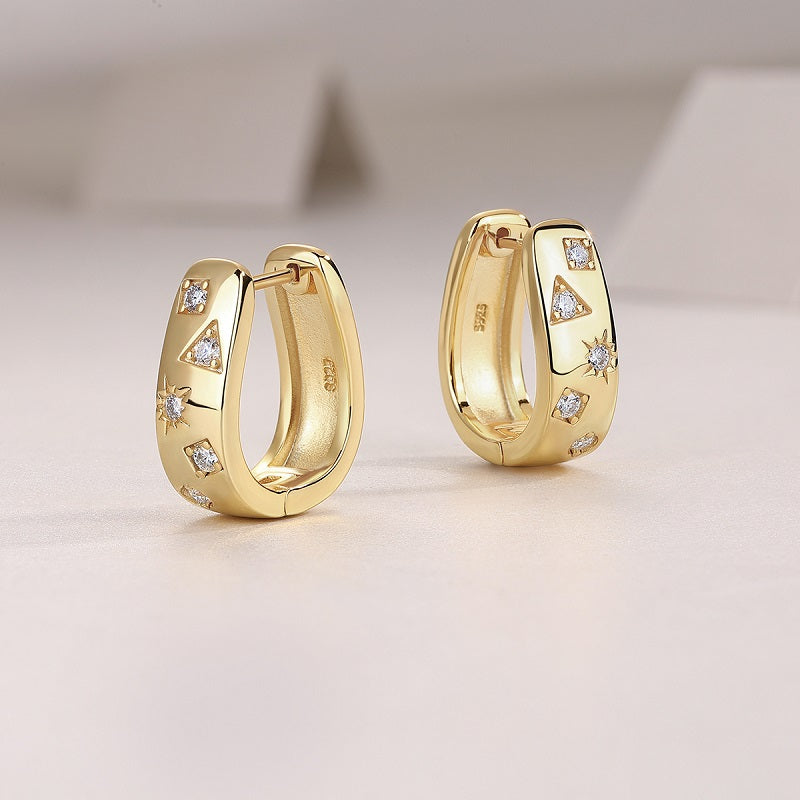 Star Track Moissanite Huggie Earrings | S925 Sterling Silver, 18K Gold Electroplated | Geometric Luxury Studs