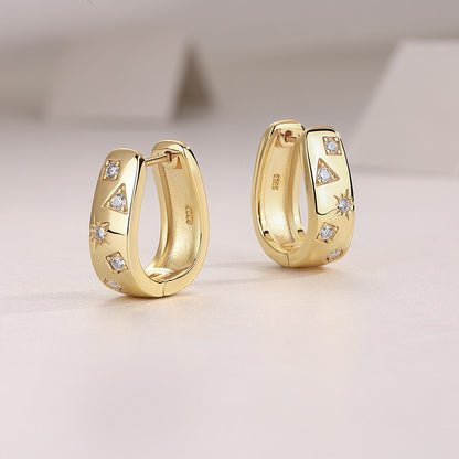 Star Track Moissanite Huggie Earrings | S925 Sterling Silver, 18K Gold Electroplated | Geometric Luxury Studs