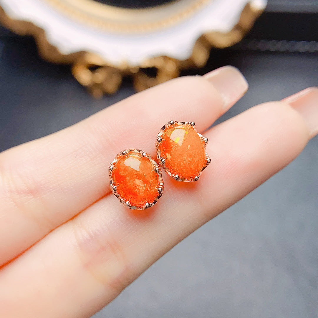 Women’s Orange Fire Opal Stud Earrings | Simple Natural Gemstone Jewelry
