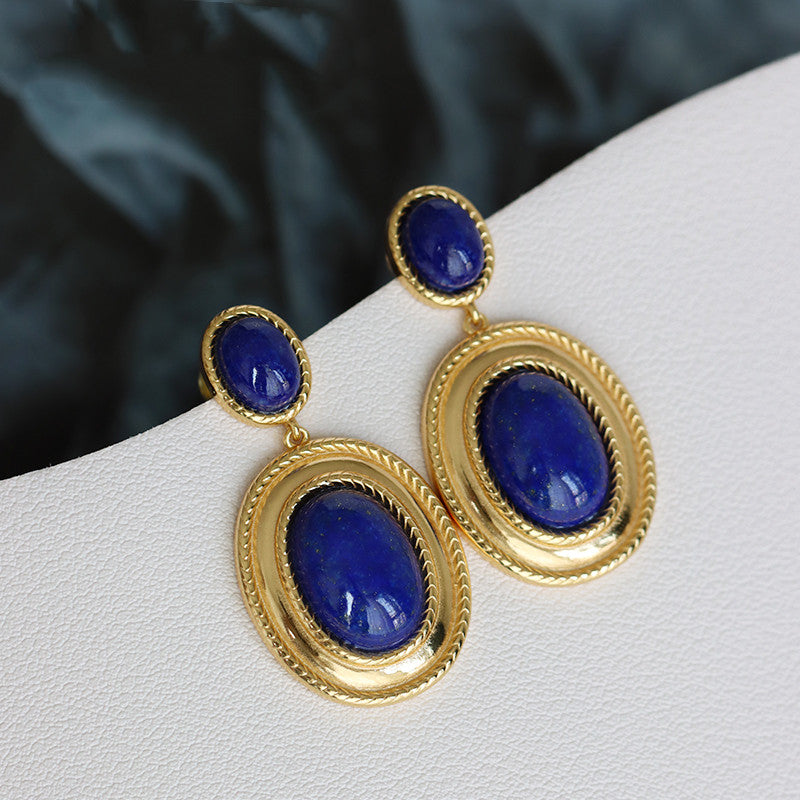 Retro Hong Kong–Style Lapis Lazuli Earrings | High-End Niche Design | Natural Stone Statement Jewelry