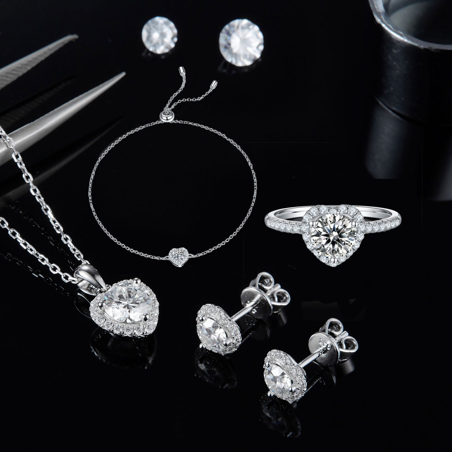 925 Sterling Silver Moissanite Jewelry Collection | Necklace, Earrings & Bracelet