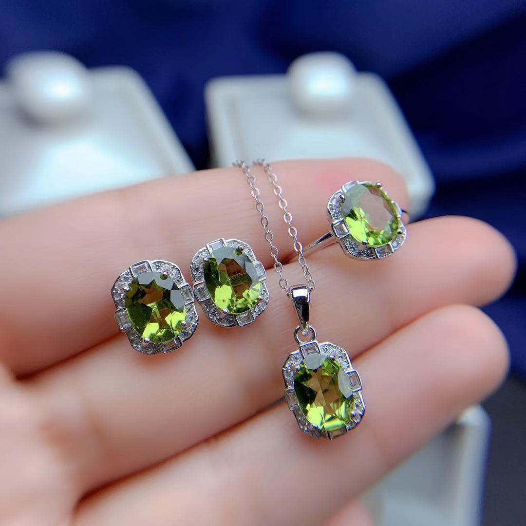 Natural Olivine Set  925 Silver Jewelry  Inlaid Rings  Pendants  Stud Earrings  Handmade Jewelry  Gold Plated Jewelry  Elegant Accessories