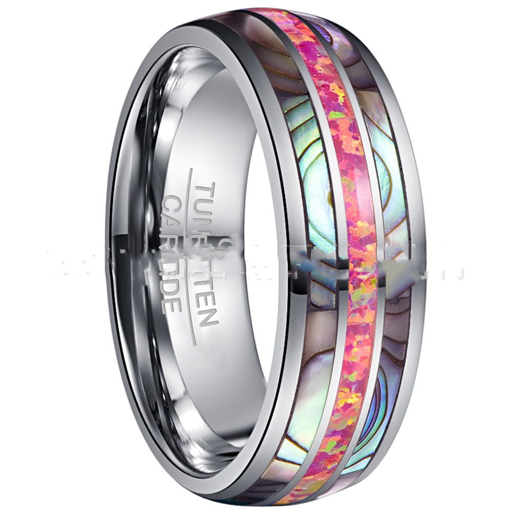 Wide Dome Abalone Shell & Magenta Opal Tungsten Ring | Men’s Statement Wedding Band