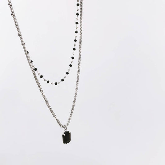 Double Layer Obsidian Necklace | Minimal Stacking Pendant for Women