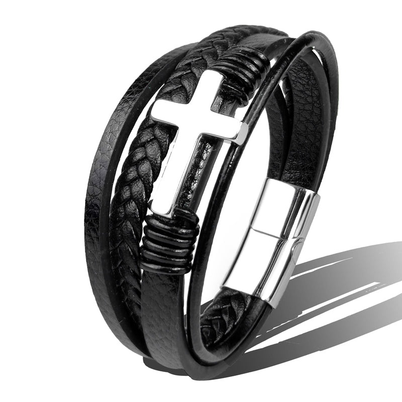 Men’s Stainless Steel Cross Leather Bracelet | Brown & Black Hip-Hop Jewelry