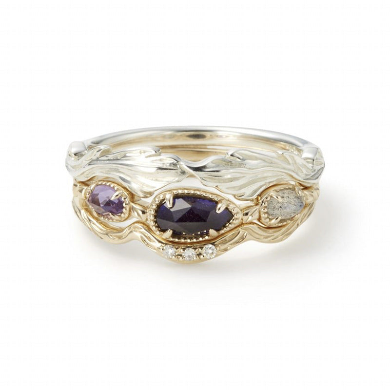 Sterling Silver Leaf Ring | Amethyst Labradorite and Zircon Stackable Ring