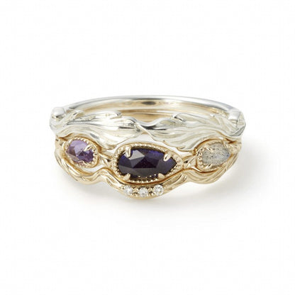 Sterling Silver Leaf Ring | Amethyst Labradorite and Zircon Stackable Ring