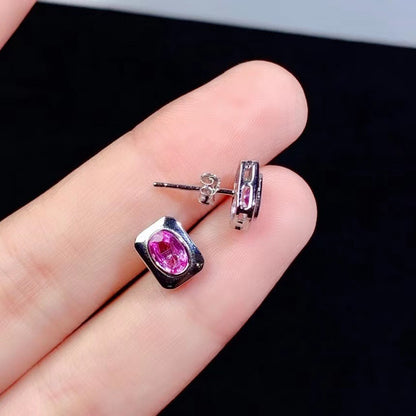925 Sterling Silver Natural Pink Sapphire Stud Earrings | White Gold Plated Inlaid Gemstone