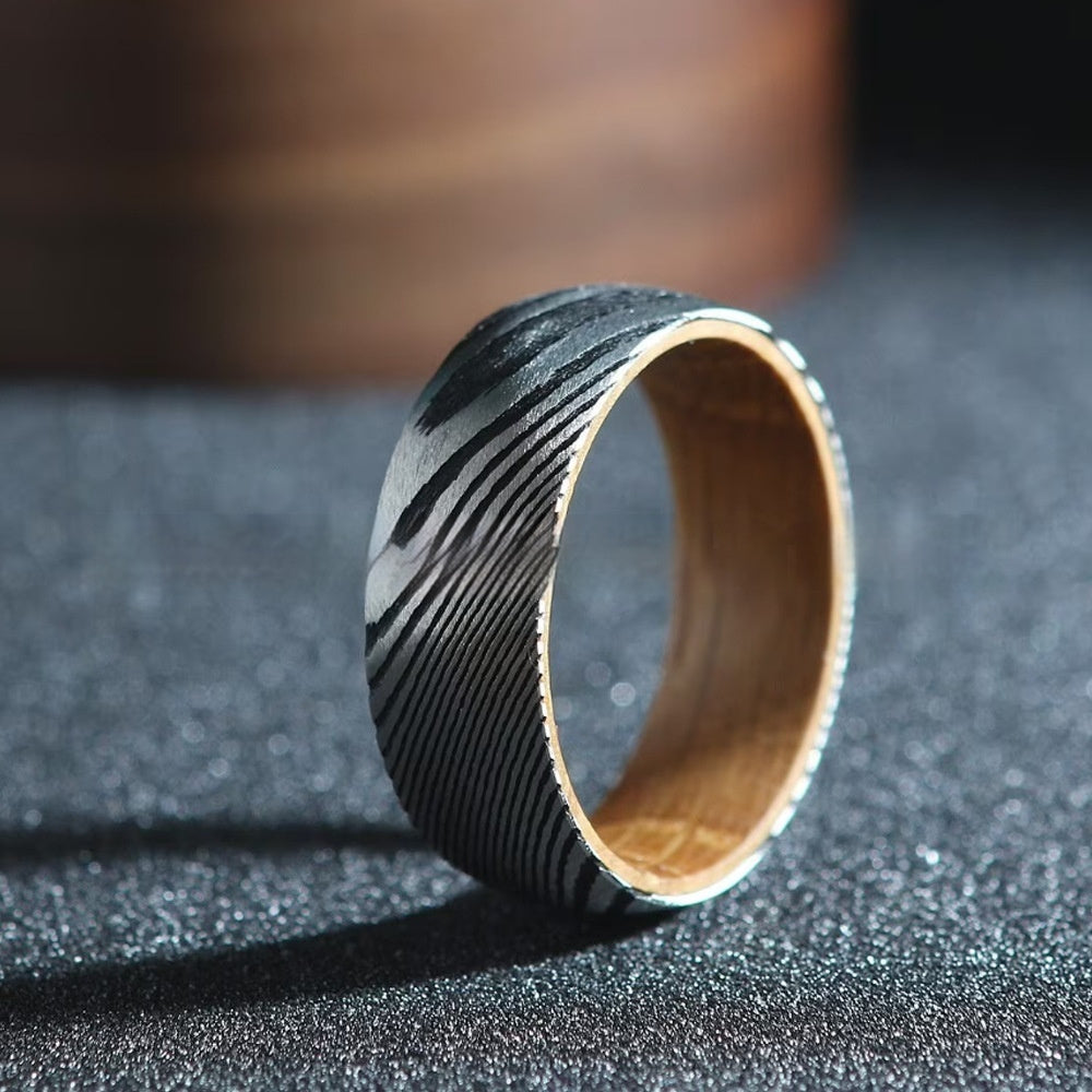 Striped Barrel Wood Inlay Ring | Unisex Modern Statement Jewelry