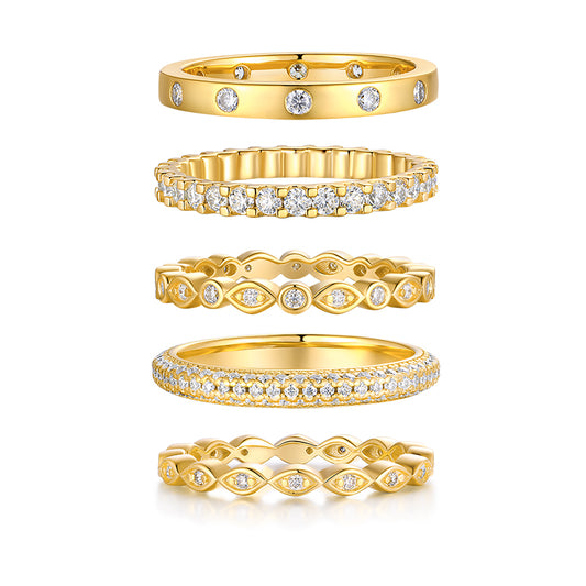 Starlight Golden Melody | S925 Sterling Silver Gold-Plated Moissanite Stacking Ring Set (5-Piece)