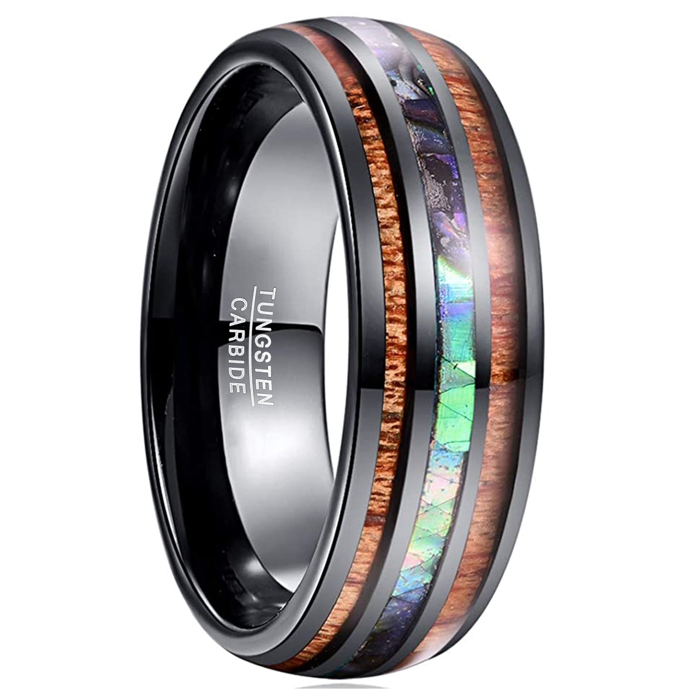 Men’s 8mm Black Tungsten Ring | Acacia Wood & Blue Opal Inlay