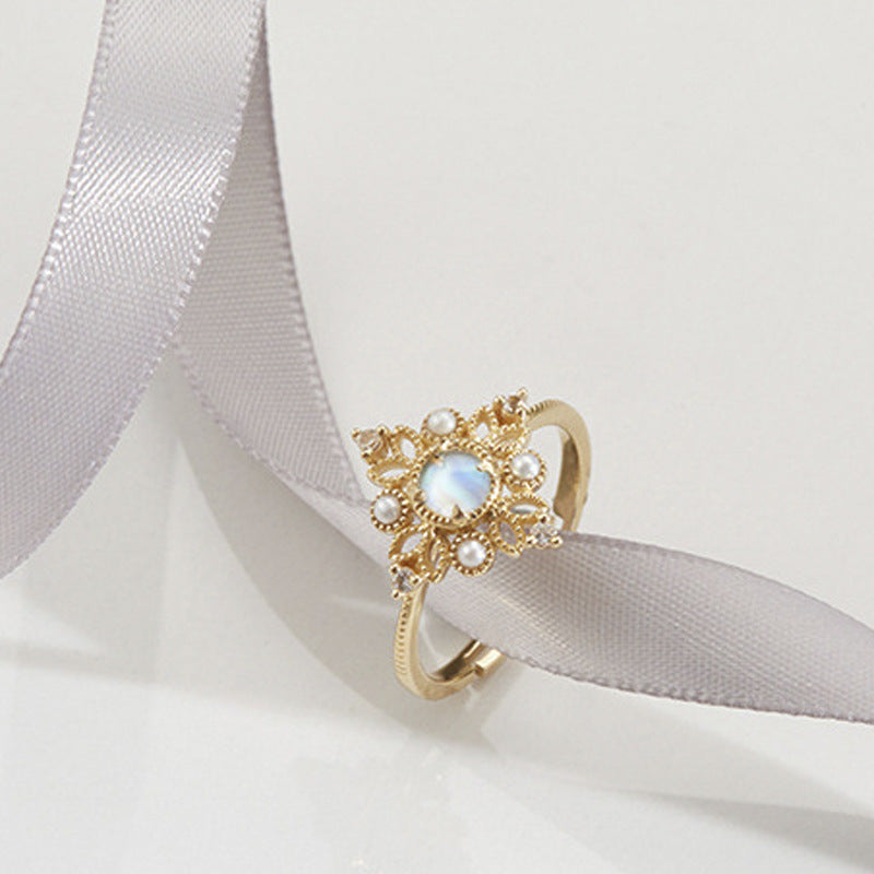 Vintage Openwork Pearl & Natural Moonstone Ring | Elegant Women’s Jewelry