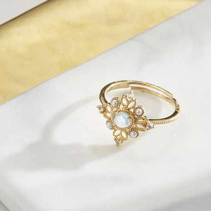 Vintage Openwork Pearl & Natural Moonstone Ring | Elegant Women’s Jewelry