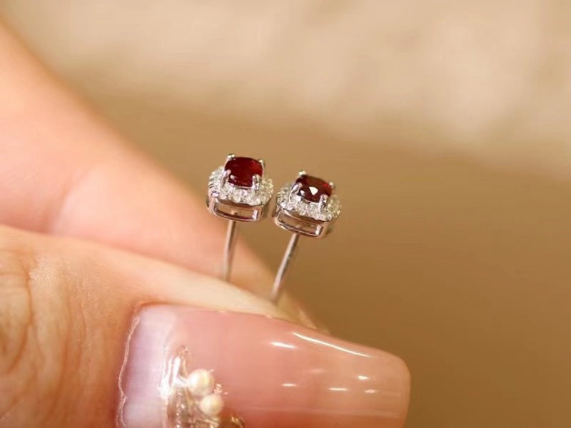 Real Gold Natural Ruby Diamond Stud Earrings | Pigeon Blood Red Halo Design
